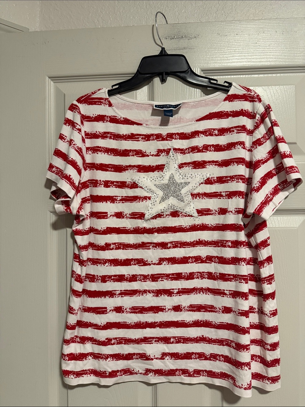Karen Scott Red and White Striped Short-Sleeve Tee with Silver Star